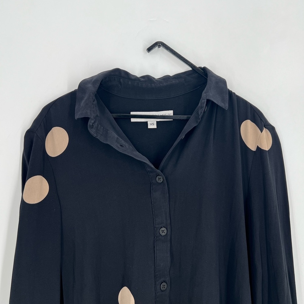 Creatures Of Comfort Silk Polka Dot Drop Waist Button Down Long Sleeve Dress